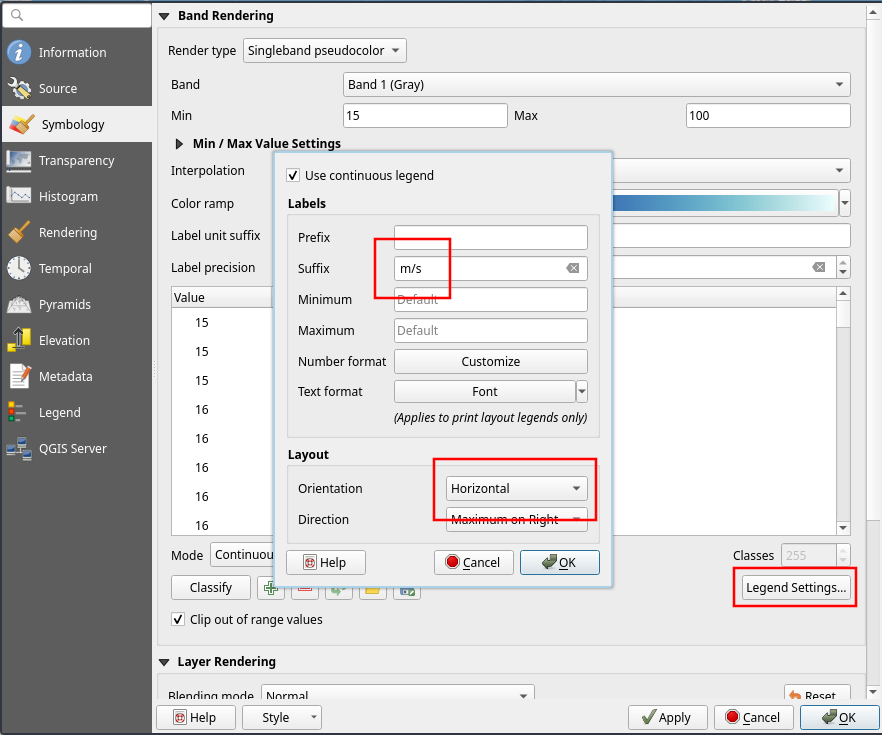 QGIS "Legend Settings" menu with "Suffix" set to "m/s" and "Orientation" set to"Horizontal"