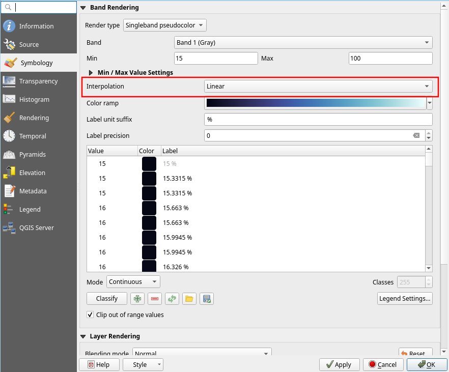 "Linear" interpolation selected in the QGIS symbologymenu